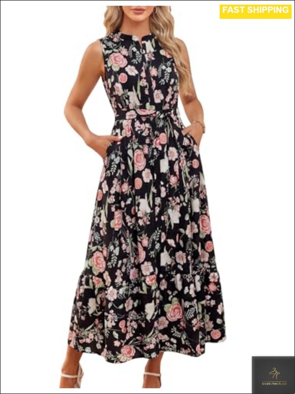 Sarin Mathews Womens Sleeveless Floral Maxi Dress V Neck Hidden Button Down